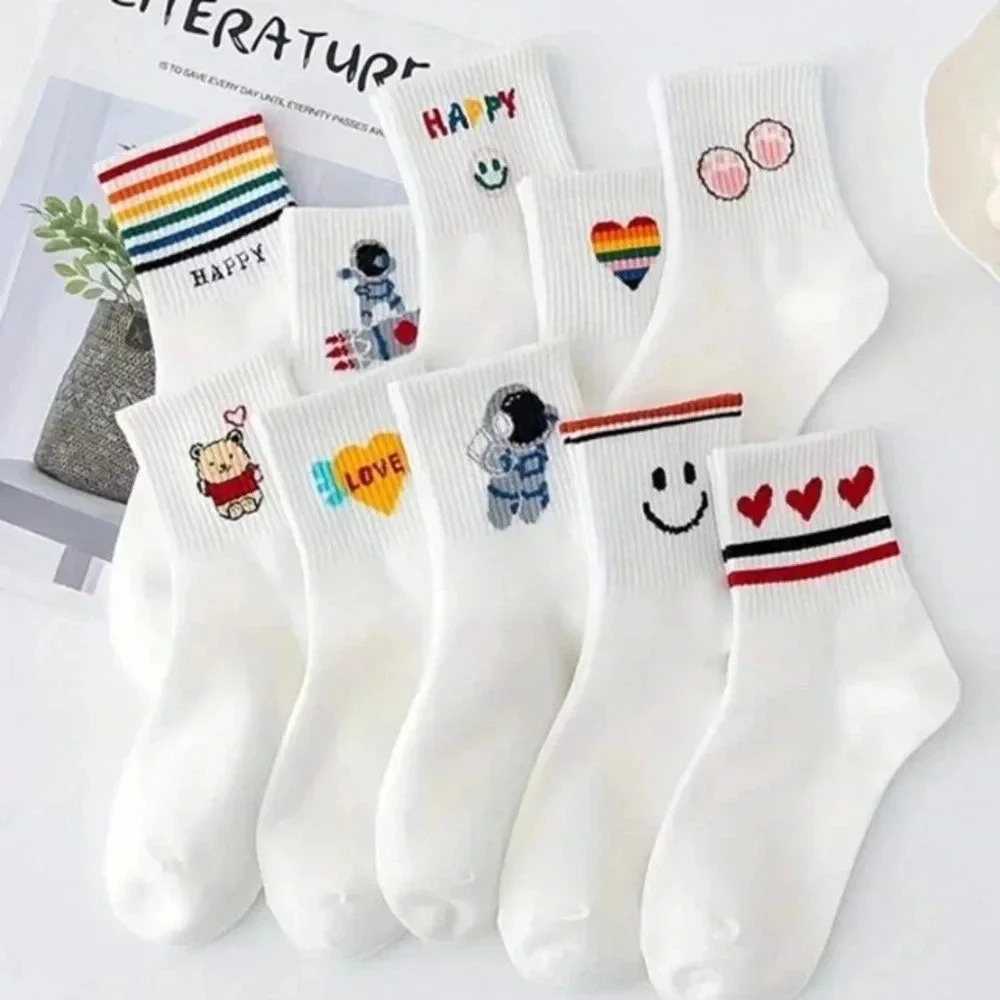 10pair cute cartoon mid calf white socks happy stars smiley face rainbow colors